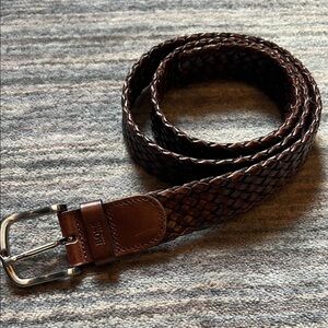 Hugo Boss Men's Dark Brown Braided Leather Belt with Silver Buckle. Strap 40”